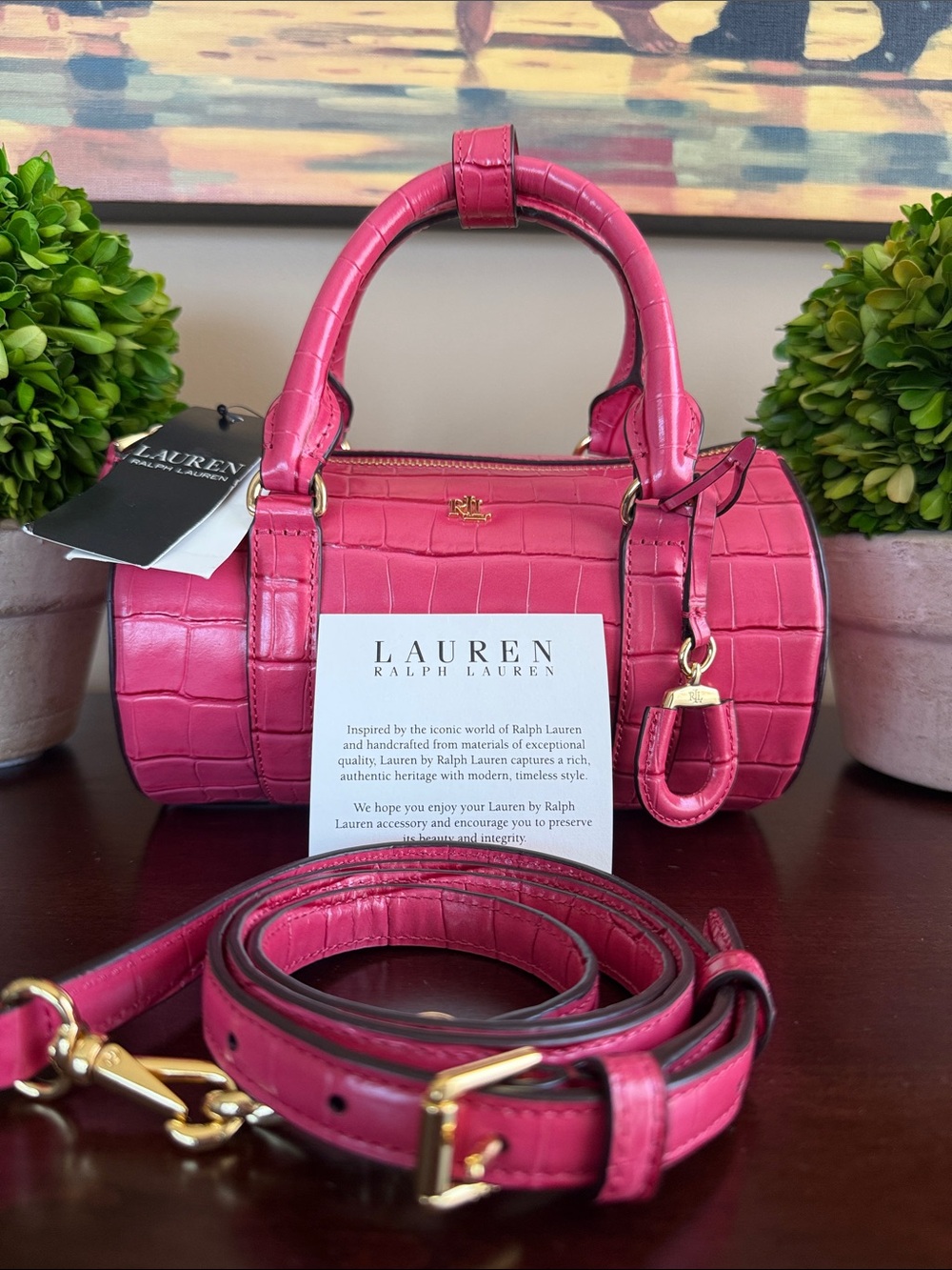 LAUREN Ralph Lauren 🩷 HOT PINK 🩷 CROC-EMBOSSED SMALL BARREL SATCHEL BAG🌟NWT🌟